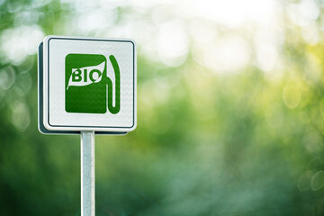 Road sign with symbol of bio fuel fillng station