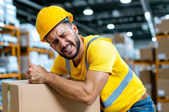 A realistic image of a worker experiencing acute back pain while lifting a heavy box