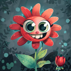 Fototapeta premium A cartoon flower with big eyes and a smiling mouth, red petals, and green leaves on the background, colorful cartoon character