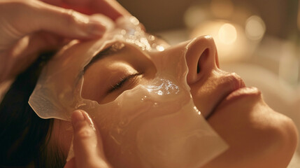 Naklejka premium Close-up of a sheet mask being carefully smoothed onto a womanâs face, showing the hydration and relaxation
