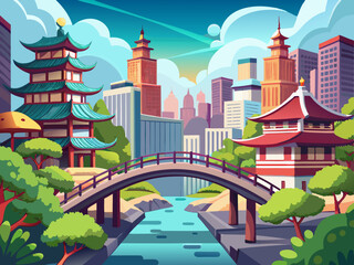 Bridges city landscape anime style