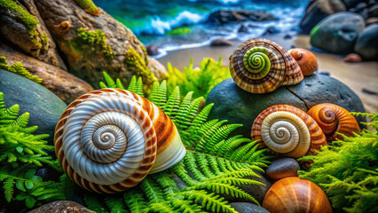 Vibrant spiral-shaped seashells, moss, and ferns entwine on a rocky coastline, symbolizing the harmony and cyclical beauty of nature's intricate patterns and forms.