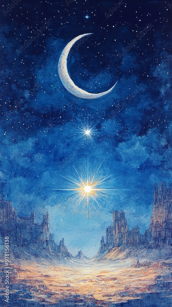 Wall mural Crescent Moon and Star Desert Night Islam Religion Spiritual Symbol - Generative AI