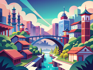 Bridges city landscape anime style © VectorVibe