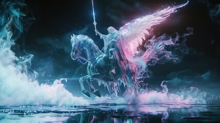 Fototapeta premium A blue and pink horse is flying through a misty sky