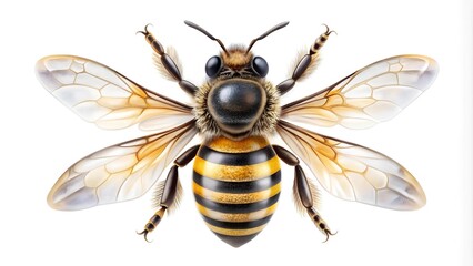 Generative AI Illustration: Small Striped Bees with Transparent Wings on a White Background  AI generated