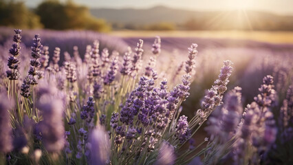 Obraz premium Field of blooming lavender, beautiful sunset light, soft pastel colors, rows of lavender bushes stretching to horizon