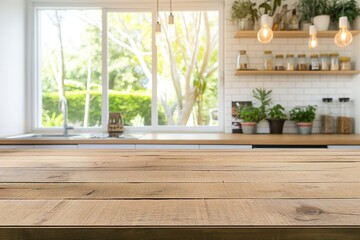 Fototapeta premium A cozy wooden counter with bright plants and natural light fills the kitchen space.