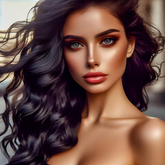 Beautiful woman, wind in long curly black hair, green eyes