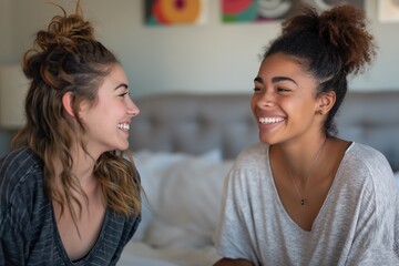 Fototapeta premium Two women sit on a bed, engaged in a lively and joyful conversation.