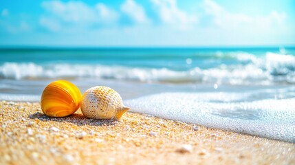 Obraz premium Seashells on a sandy beach with a blurred ocean in the background
