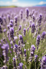 Fototapeta premium Field of blooming lavender, beautiful sunset light, soft pastel colors, rows of lavender bushes stretching to horizon