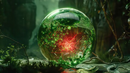 A green sphere with red glowing lines on it