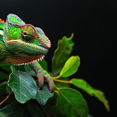 A green and yellow chameleon is on a leaf