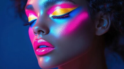 Fototapeta premium Vibrant close-up portrait of a woman with colorful neon makeup, dramatic eyeshadow, and glossy lips against a moody background.