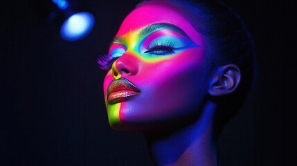 Vibrant neon face paint portrait of a woman under black light, illuminating colorful makeup artistry in an abstract and dramatic style.