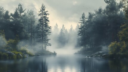 1. A serene forest landscape with misty trees and a calm river © ABC IMAGE