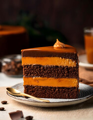 Slice of chocolate cake on plate. 