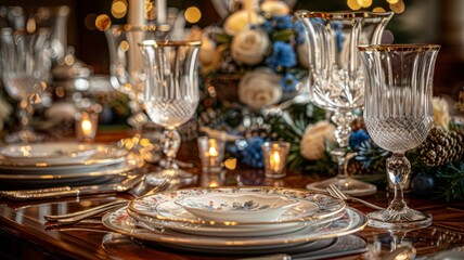 An elegant dining table setting with crystal glassware