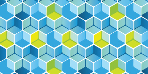Modern Style 3D Cuboids Texture Colored in Shades of Blue and Green - Mosaic Pattern, Editable Abstract Geometric Background Design, Vector Template