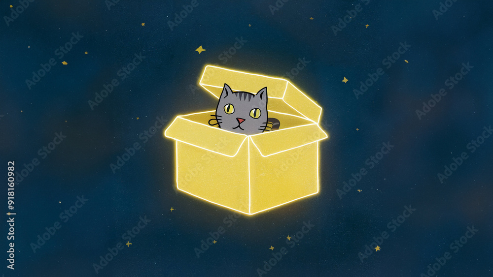 Wall mural A curious cat peeking out of a glowing yellow box floating in space, creating a whimsical and mysterious cosmic scene.