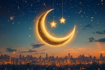 Naklejka premium Crescent Moon and Star Urban Twilight Islam Religion Spiritual Symbol - Generative AI