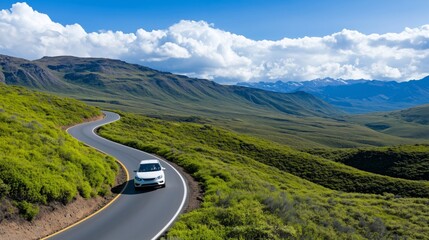 Naklejka premium A rental car on a winding mountain road, with scenic views and a clear, sunny day 