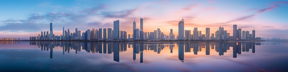 Fototapeta premium Panoramic view of a modern city skyline at sunrise, A city skyline is reflected in the water. 