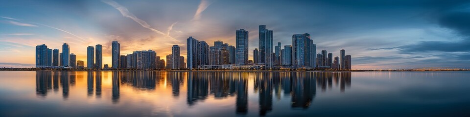 Fototapeta premium Panoramic view of a modern city skyline at sunrise, A city skyline is reflected in the water. 