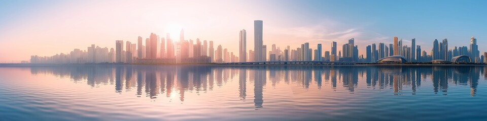 Fototapeta premium Panoramic view of a modern city skyline at sunrise, A city skyline is reflected in the water. 