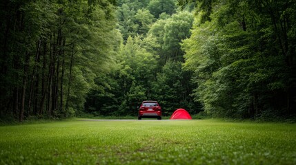 A rental car parked at a campsite, with a tent set up nearby and a forest background 