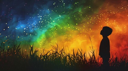 Silhouette of a little boy in the grass against the starry sky.