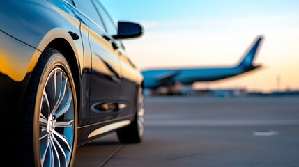 A shiny rental car parked at the airport, ready for pickup, with planes in the background and clear blue sky 