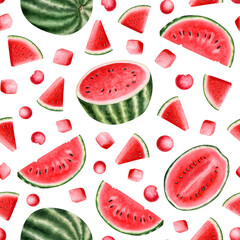 Bright red watermelon slices and pieces watercolor seamless pattern on white. Yummy delicious summer fruits background with natural organic food in realistic style for healthy lifestyle designs