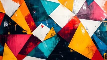 24. A modern art piece with fragmented shapes and a blend of monochrome and bright colors