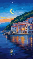 Obraz premium Crescent Moon and Star Seaside Night Islam Religion Spiritual Symbol - Generative AI