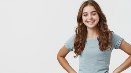 Fototapeta premium Happy Girl Standing with Hands on Hips on White Background, Perfect for Lifestyle and Fashion Concepts Generative AI