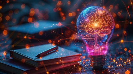 Obraz premium Brain Boost: Colorful Lightbulb with Books and Stationery - Education Concept
