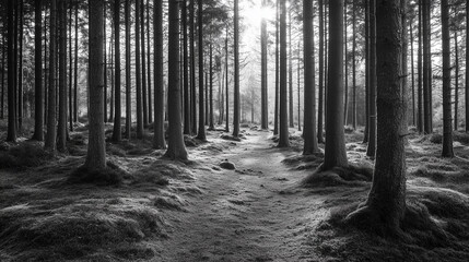 Naklejka premium black and white forest landscape, monochrome picture of forest background
