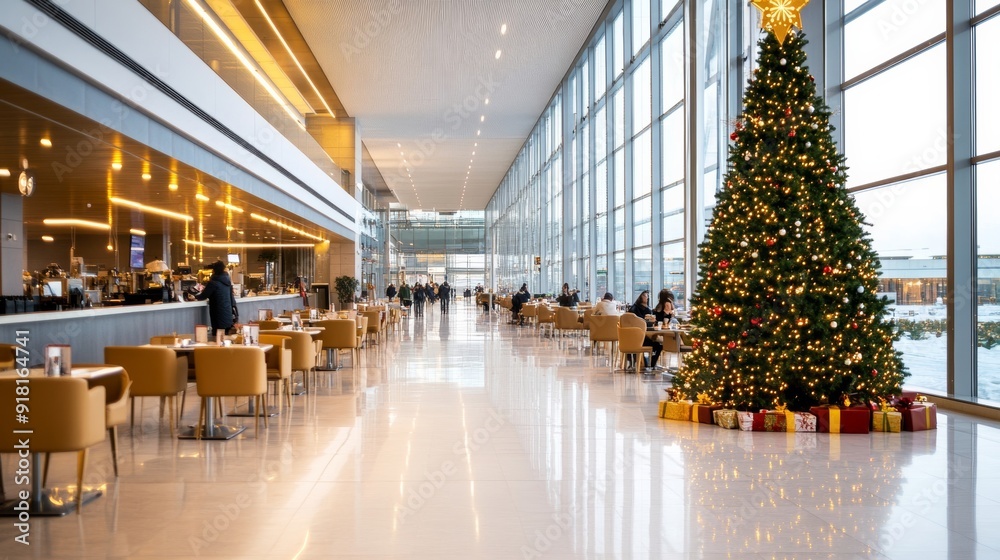 Canvas Prints airport food court with festive Christmas decorations, people dining and a large decorated tree nearby 