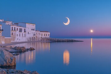 Crescent Moon and Star Seaside Night Islam Religion Spiritual Symbol - Generative AI
