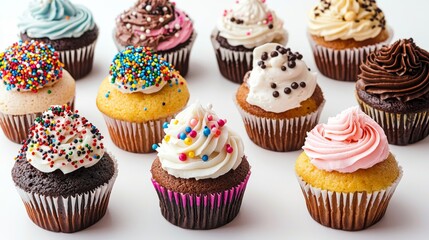 Colorful Cupcakes with Various Frosting and Sprinkles on a White Background, Perfect for Bakery or Party Decorations Generative AI