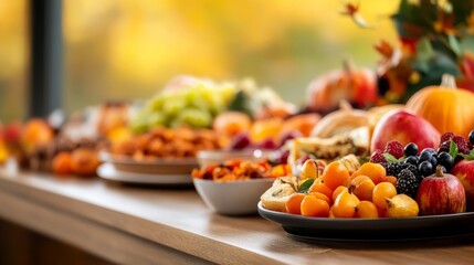 Naklejka premium An elegant Thanksgiving buffet with gourmet dishes, beautifully arranged platters, and a refined presentation, set against a backdrop of autumnal decor 
