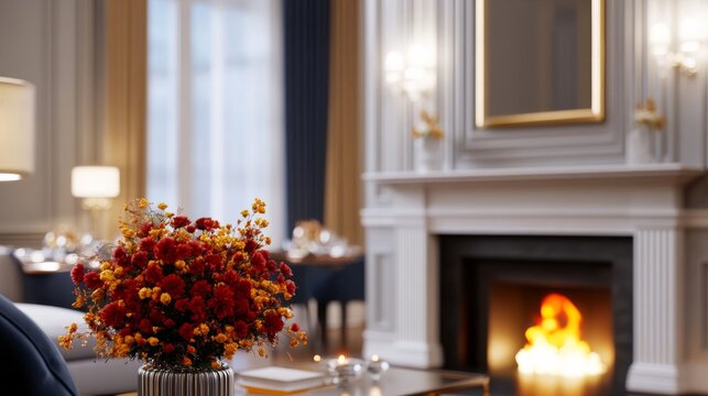 An upscale Thanksgiving living room with elegant decor, a roaring fireplace, and a beautifully set dining table in the background 