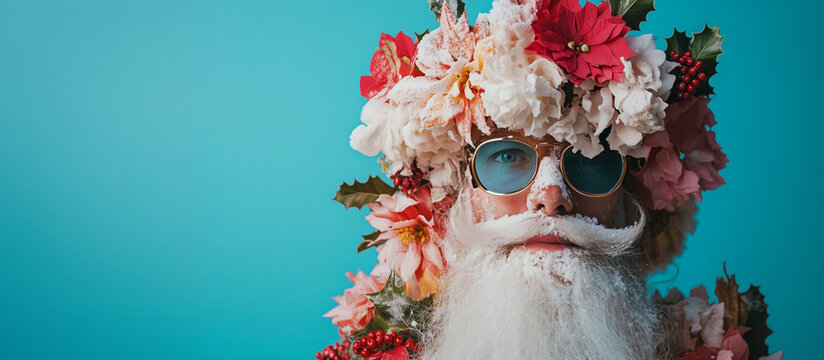 Floral hair Santa modern sunglasses flower crown festive portrait hipster Christmas celebration quirky unique creative holiday branding marketing advertising photography colorful artistic fun banner
