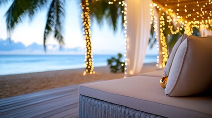 Obraz premium beachside cabana decorated with Christmas lights and elegant ornaments, festive atmosphere with a view of the ocean 