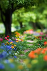 A vibrant flower garden with tiny blooms and pathways, captured using the tilt-shift effect. 