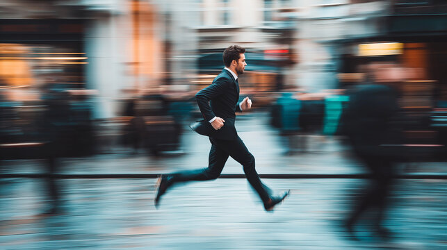 A man in a suit running fast through a blurred cityscape, representing the concept of urgency and a busy lifestyle.