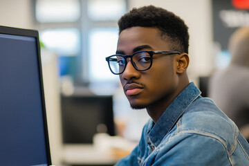 Obraz premium Young man in denim shirt working on a desktop computer in an open office, looking over his shoulder with a serious expression, representing focus and productivity.