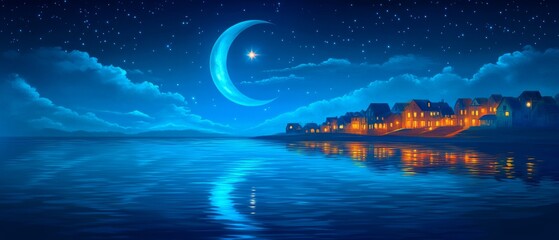 Naklejka premium Crescent Moon and Star Seaside Night Islam Religion Spiritual Symbol - Generative AI